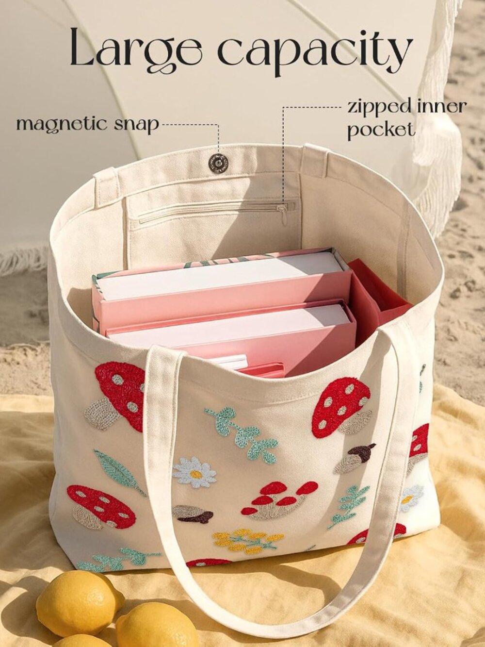 Embroidery Tote Bag with Pocket & Buckle - Reusable Canvas Tote for Women Cute A - Picture 5 of 6
